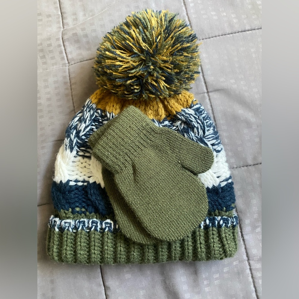 Colorful Knit Pom-Pom Beanie and Mittens Set